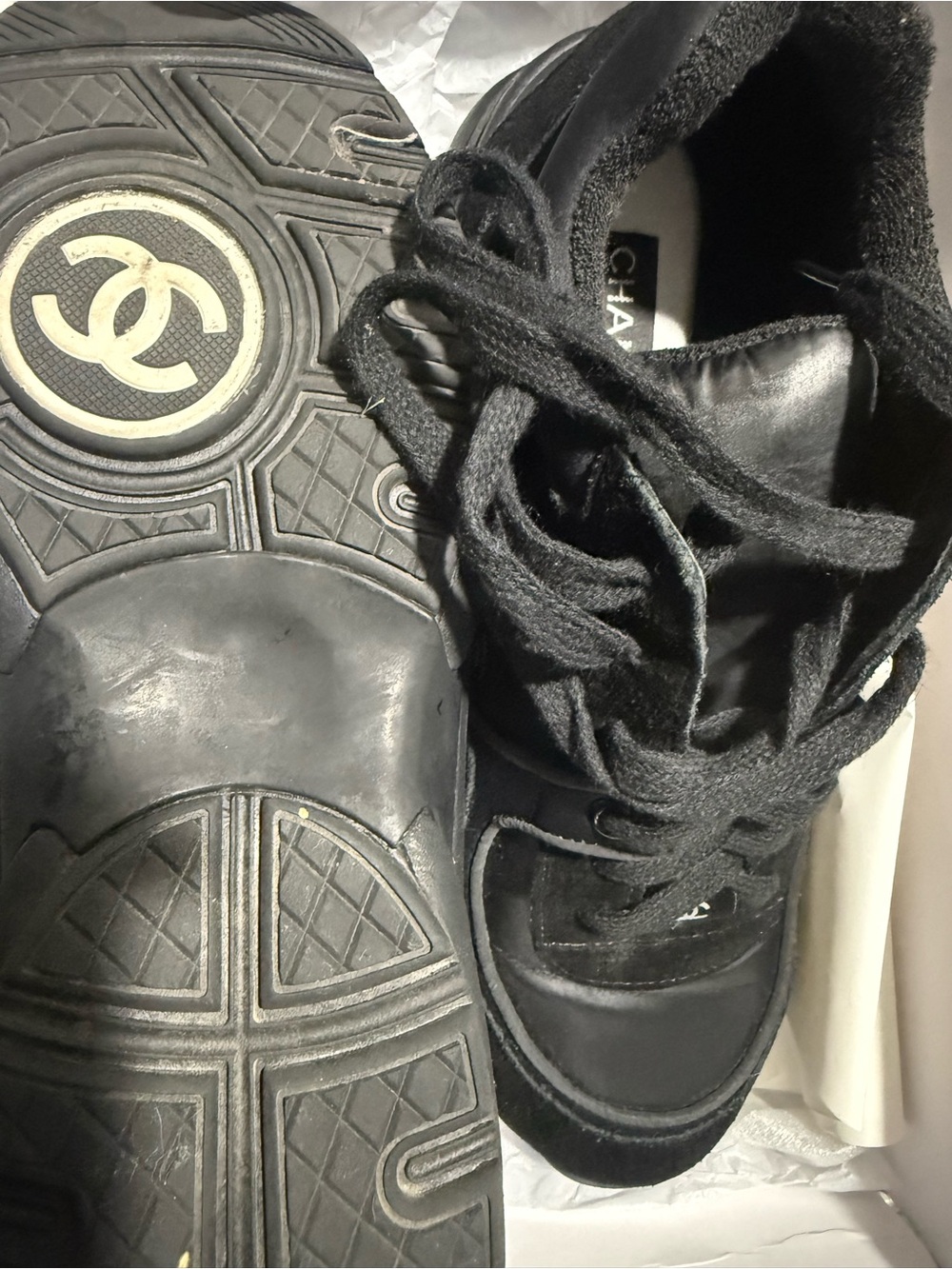 CHANEL Black Suede & Leather CC Emblem Sneakers - Picture 3 of 5